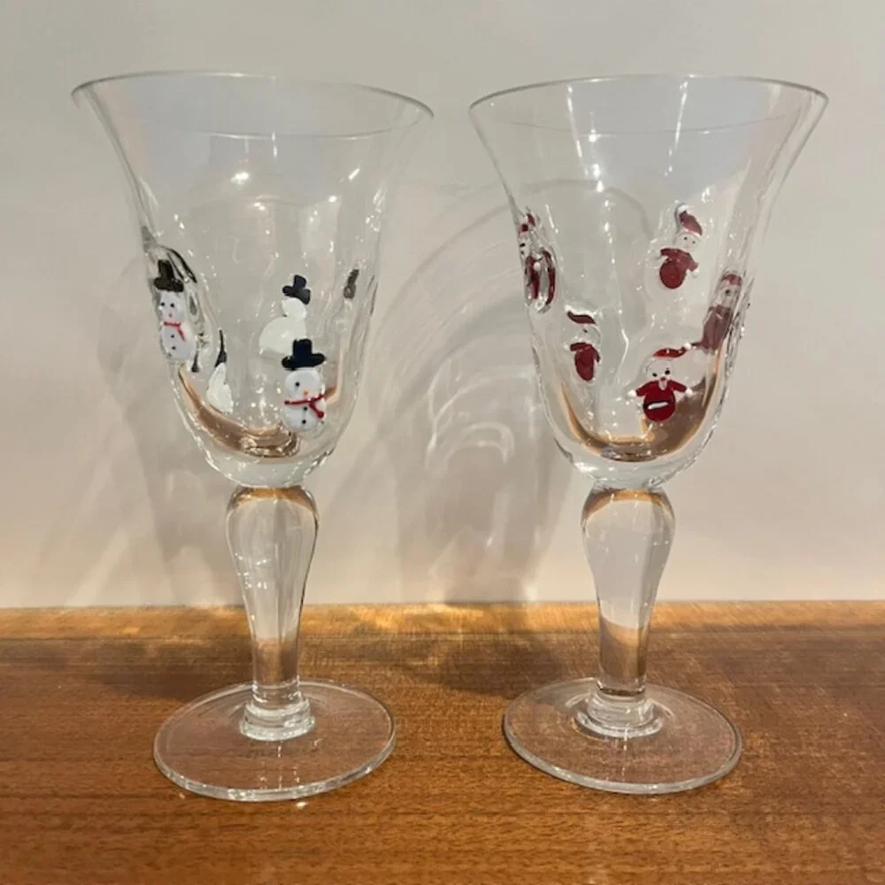Set of (2) Crate & Barrel 8oz Blown Glass Fused Snowmen Santa Wine Goblet Glass